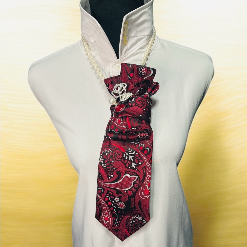 Elegant Red Paisley Necktie with Rose Brooch